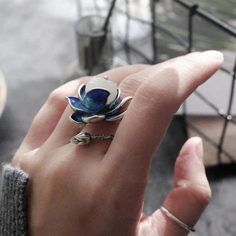 Natural Hetian  jade Enamel Porcelain Lotus Canopy Open Ring Chinese Retro Designer Style original Design Silver jewelry