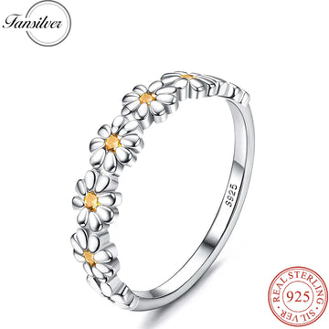 Fansilver Wedding Ring S925 Sterling Silver Daisy Ring for Women Girls Flower Colorful Cubic Zirconia Statement Wedding Rings