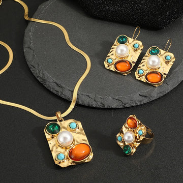 Exquisite Fashion Colored Gemstone Pendant Necklace Earrings Ring 3 Piece Set Classic Banquet Wedding Jewelry Set Birthday Gift