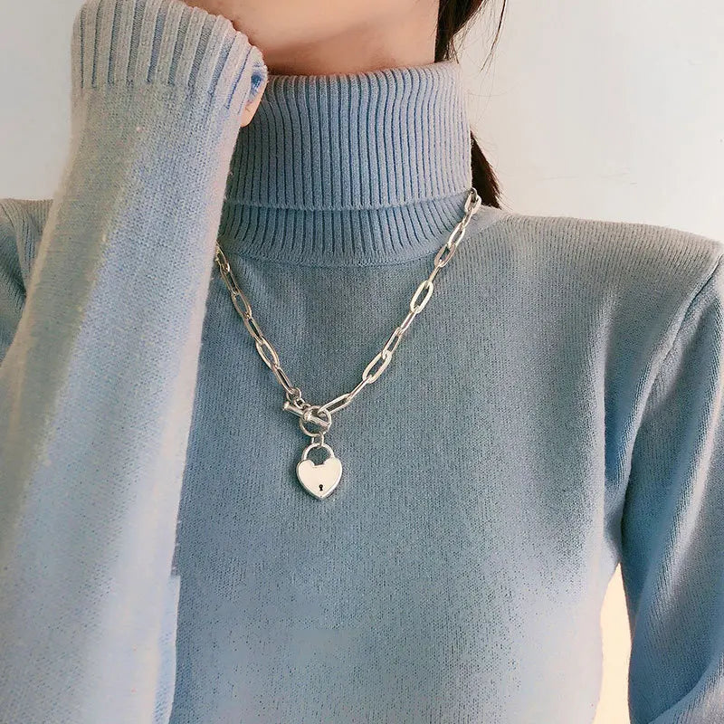 VENTFILLE  925 Sterling Silver Sweater Necklace OT Buckle Accessories New Trendy Elegant Creative LOVE Heart Design Party