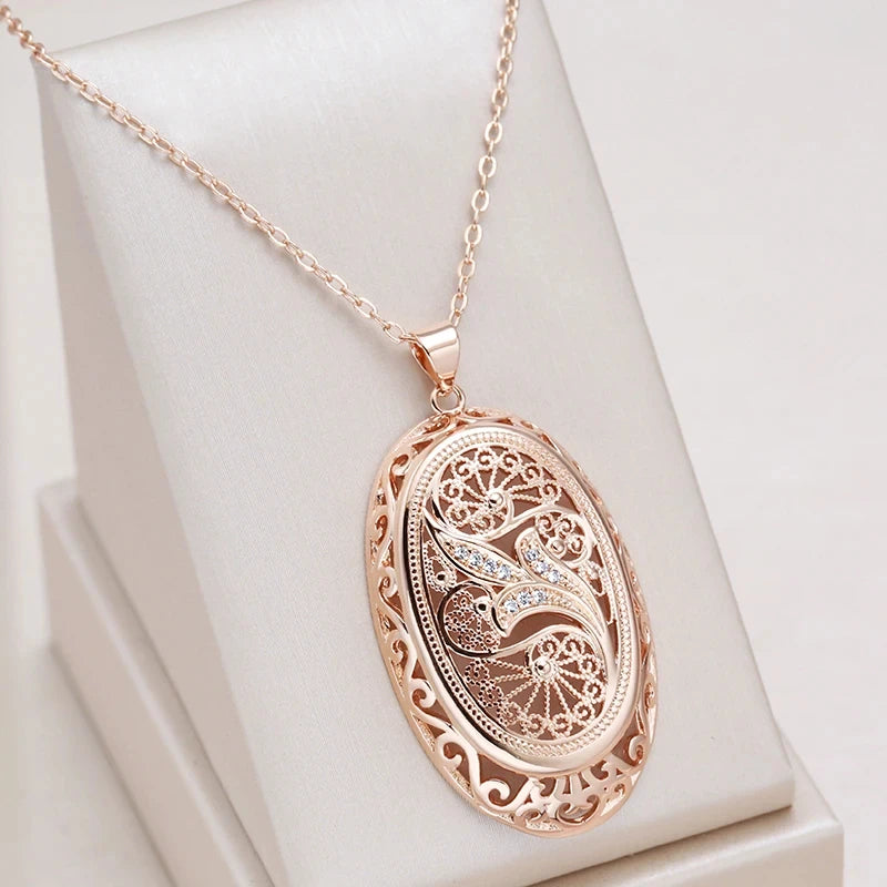 Kinel Hot 585 Rose Gold Color Big Pendant Necklace For Women Fashion Hollow Flowers Natural Zircon Accessories Daily Jewelry