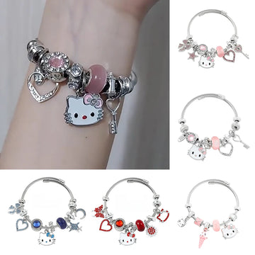 Sanrio Hello Kitty Bracelet Fashion Trendy Girl Y2K Bangles KT Cat Crystal Beads Hand Chains For Women Wedding Jewerly