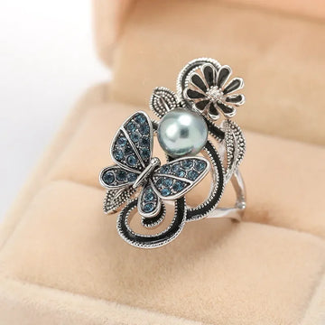 Trendy Ink Blue Pearl Butterfly Crystal Women's Ring For Engagement Wedding Jewelry Copper Accessories Rings Wholesale