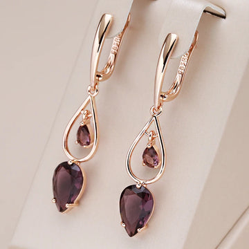 Kinel Hot Purple Natural Zircon Long Drop Earrings for Women Fashion 585 Rose Gold Water Drop Accessories Wedding Daily Jewelry