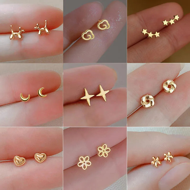 Metal Gold Color Multiple Styles Small Stud Earrings for Women Korean Jewelry Fashion Daily Wear Teen Earrings Jewelry Gift