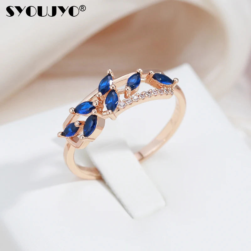 SYOUJYO Leaf Shape Blue Natural Zircon Full Paved Rings For Women Daily Multipurpose Fashion Slim Copper Jewelry Gift