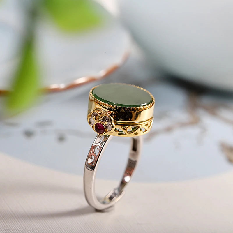 New silver round natural Hetian jasper rings for women classic exquisite openable Gawu Box Chinese style fashion jewelry