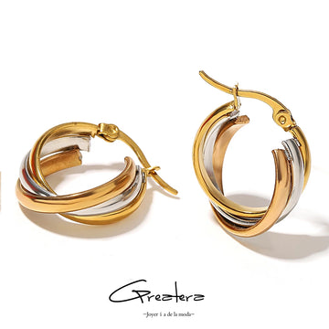 Greatera Trendy Stainless Steel Twisted Tricolor Hoop Earrings for Women Layered Round Circle Metal Earrings Waterproof Jewelry