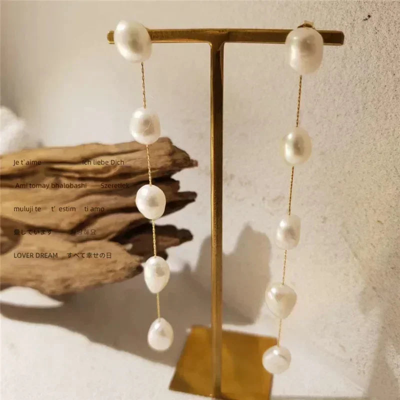 Classic Natural Frashwater Pearl Long Tassel Earrings for Women Ladies Gold Color Chain Thread Drop Earrings Bridal Jewelry Gift