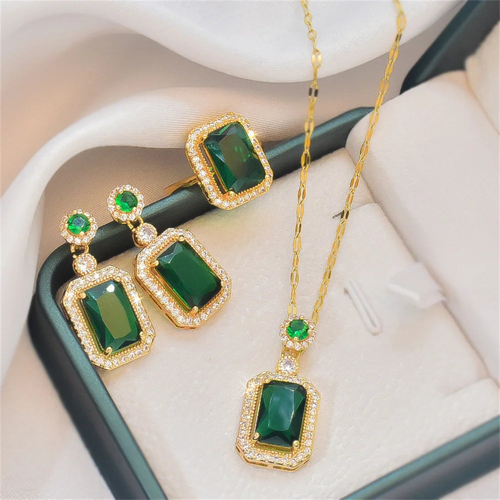 Classic Women's Three-piece Jewelry Set Statement Emerald Ring Fashion Green Zircon Ring Earring Necklace Wedding Jewelry Sets ﻿