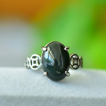 Natural Black Jade Ring Adjustable Women Healing Gemstone Fine Jewelry Genuine Hetian Jades Nephrite Money Jadeite Rings