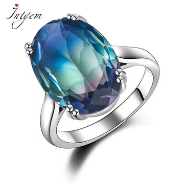 Fashion Big Oval AAAAA Zircon Rainbow Gemstone 13*18mm Multicolor Tourmaline Wedding Ring Bridal Jewelry Engagement Party Gift