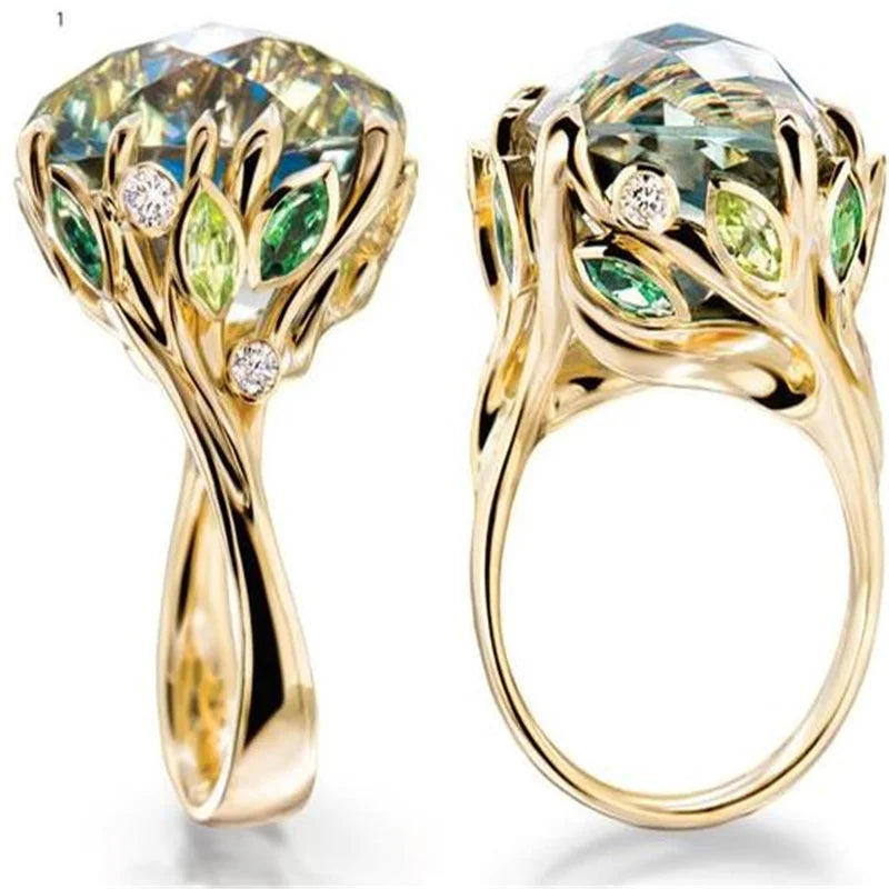 Hot Sale New Luxury Green Leaf Crystal Engagement Rings for Women Jewelry Hand Accessories Temperament  Rings Size 5-11