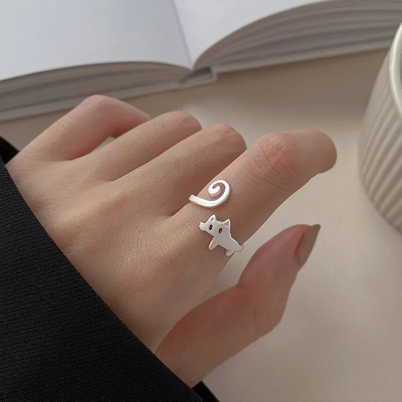 Cute Silver Color New Trendy Cat Engagement Rings for Women Couple Elegant Simple Handmade Finger Anillos Jewelry Adjustable