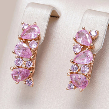 Kinel Hot Shiny Pink Natural Zircon Full Paved Drop Earrings For Women Luxury Party 585 Rose Gold Color Daily Fine Jewelry Gift