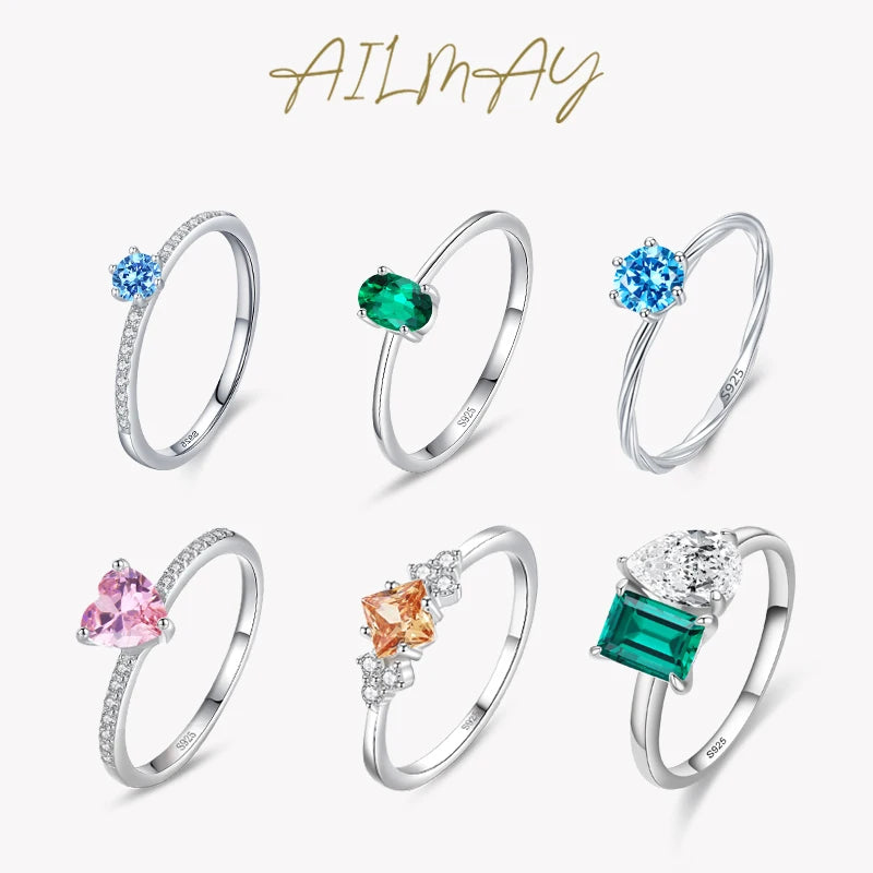 Ailmay Solid 925 Sterling Silver Elegant Heart Rainbow Colorful Zirconia Ring For Women Classic Wedding Engagement Fine Jewelry