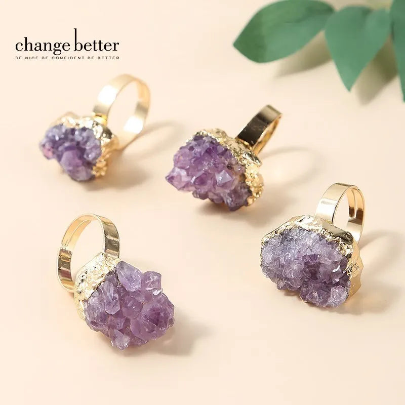 Change Better Irregular Natural Amethyst Cluster Rough Stone Gold Plated Open Rings Women Reiki Healing Personality Jewelry Gift