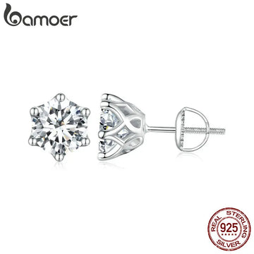 BAMOER Classic Moissanite Stud Earrings, S925 Silver D Color Brilliant Round Cut Lab Created Diamond Wedding Engagement Earrings