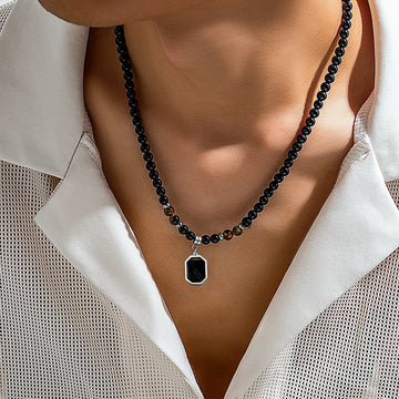 PuRui Hip Hop Stainless Steel Geometric Pendant Necklace for Men Black Acrylic Natural Stone Beads Choker Neck Chain Jewelry