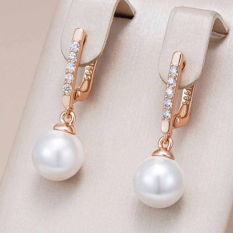 Kinel Luxury 585 Rose Gold Color Pearl English Earrings for Women Unique Natural Zircon Accessories Bridal Wedding Fine Jewelry