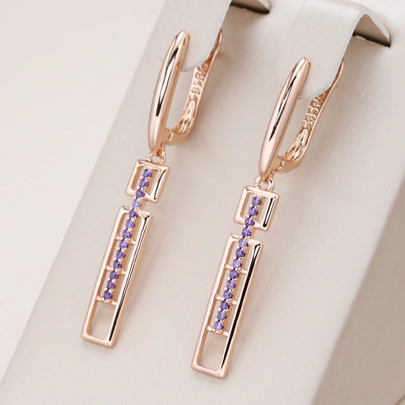 Kinel New Long Drop Earrings for Women Fashion 585 Rose Gold Color Purple Natural Zircon Earring Fine Daily Jewelry Girl's Gift