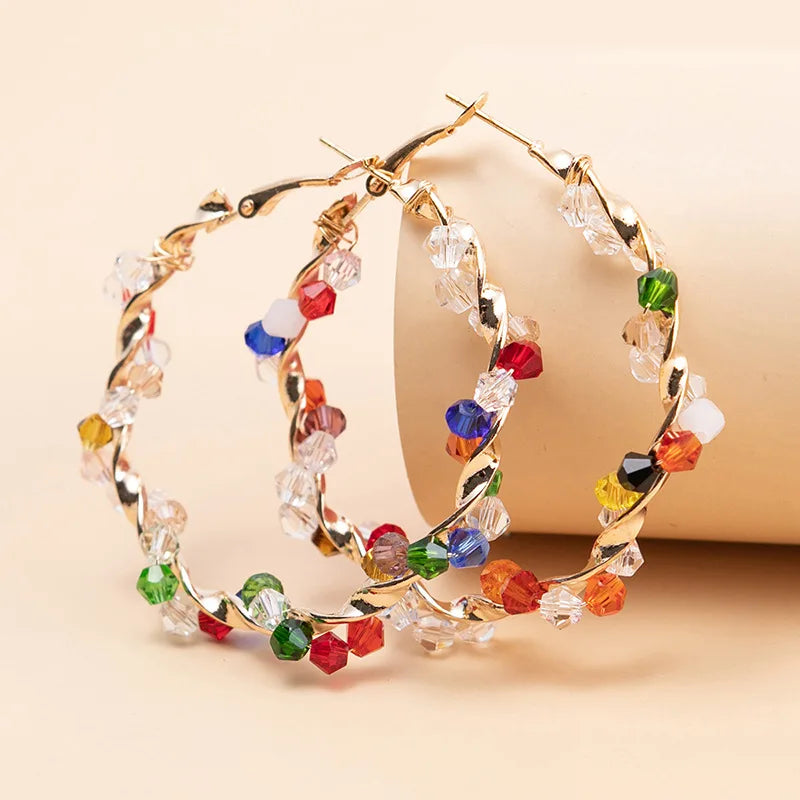 Random Colorful Crystal Hoop Earrings for Women New Fashion Big Round Circle Statement Earrings Wedding Party Bohemian  Jewelry