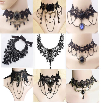 Gothic Victorian Black Lace Necklace Women Girl Boho Crystal Tassel Sexy Lace Choker Dark Loli Style Jewelry