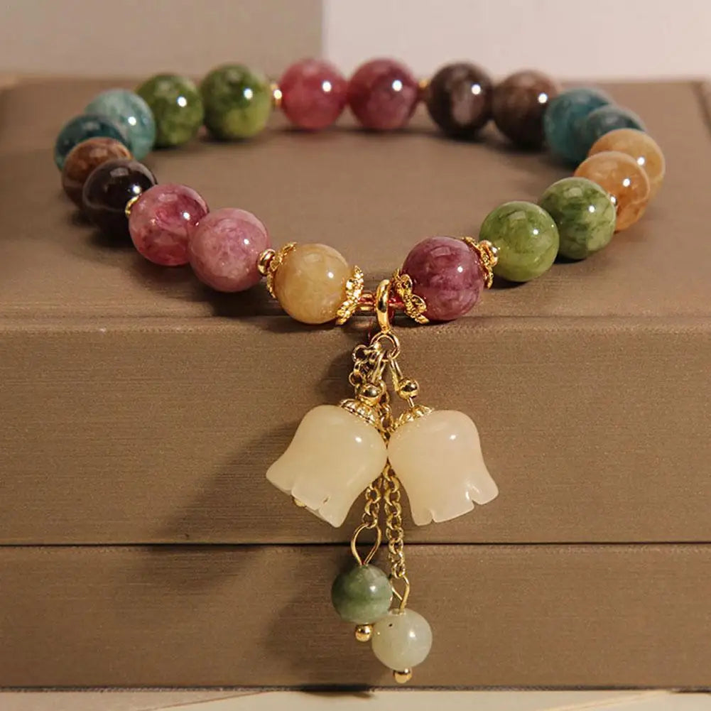 Natural Stone Agate Elastic Beads Bracelet Luxury Crystal Orchid Pendant Beaded Bracelet For Women Girls Jewelry Gifts