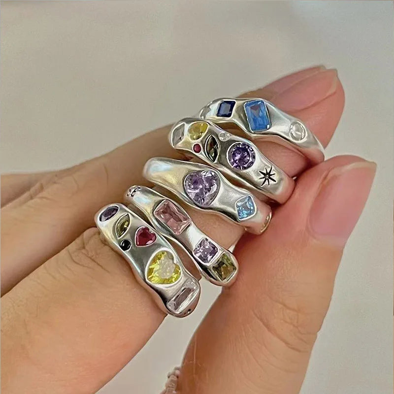 Sliver Color Irregular Stone Stainless Steel Rings for Women Engagement Wedding Zircon Heart Rings Aesthetic Jewelry Girl Gifts