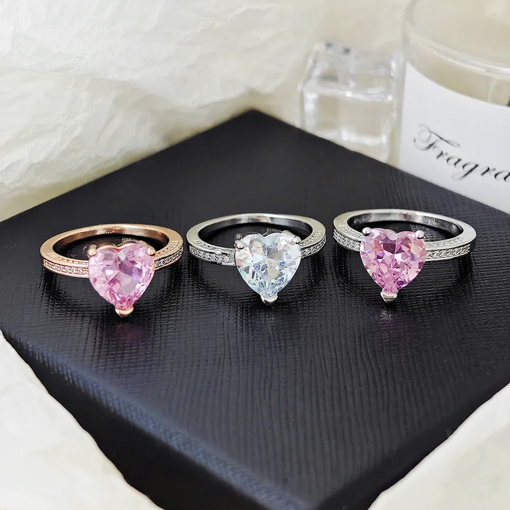 Luxury Solitaire Women Heart Engagement Rings AAA Pink Cubic Zirconia Proposal Rings for Girlfriend Anniversary Gift R4325