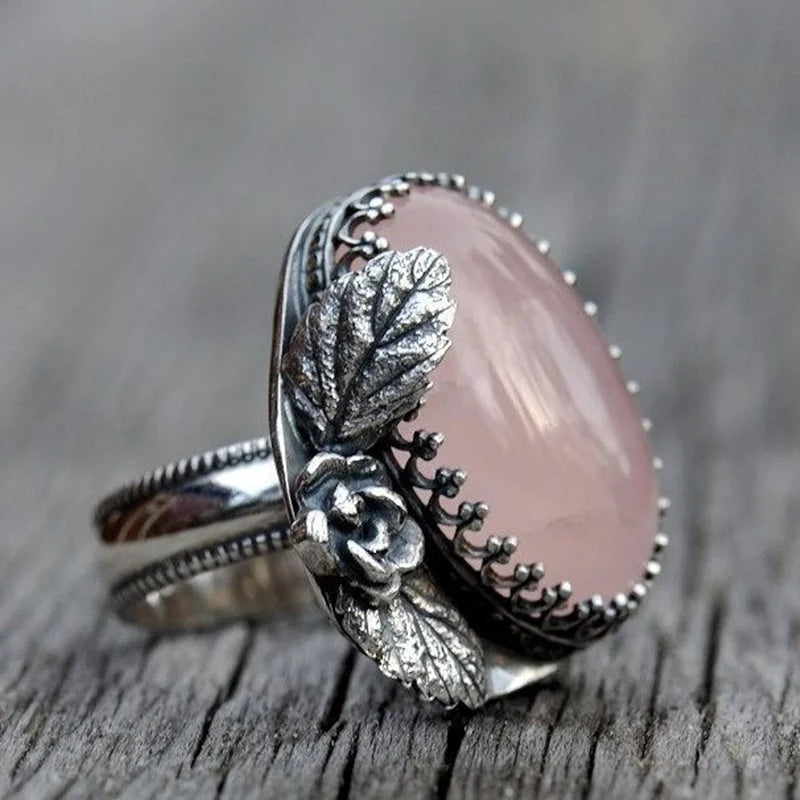 Vintage Women's Pink Gemstone Engraved Leaf Rings for Women Personality Punk Collectible Silver Rings Party Birthday Gifts