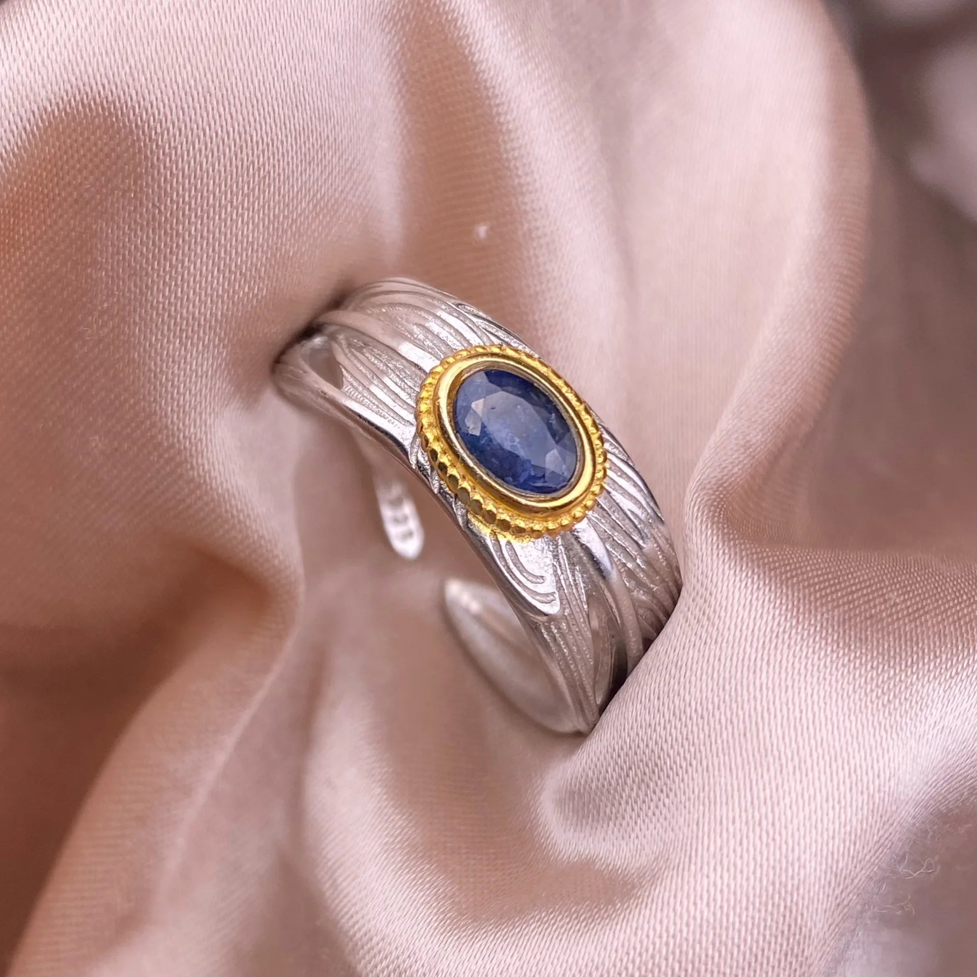 Natural Sapphire Ring S925 Silver Paired with Double Gold Feather Style Exquisite Colored Gemstone Jewelry Accessories Gift