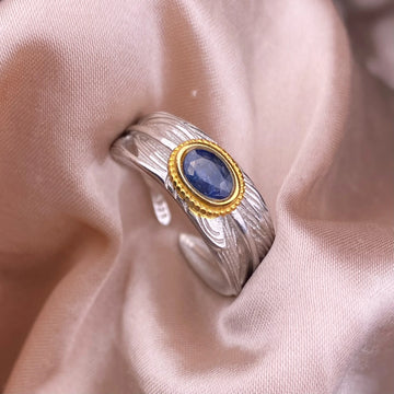 Natural Sapphire Ring S925 Silver Paired with Double Gold Feather Style Exquisite Colored Gemstone Jewelry Accessories Gift