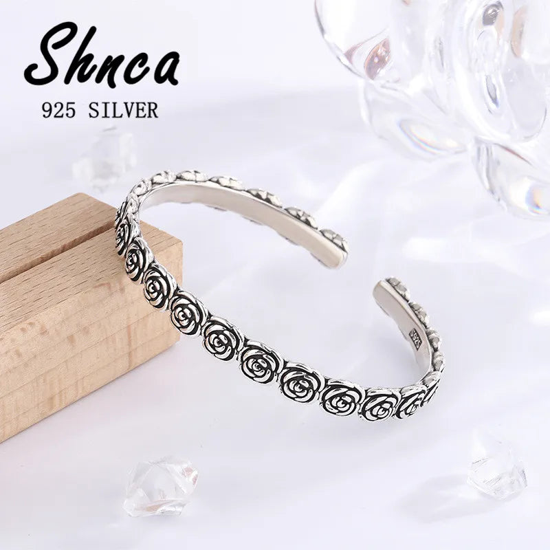 Original Creative Vintage 925 Sterling Silver Flower Thai Silver Bracelet & Bangles For Women Girl LB038