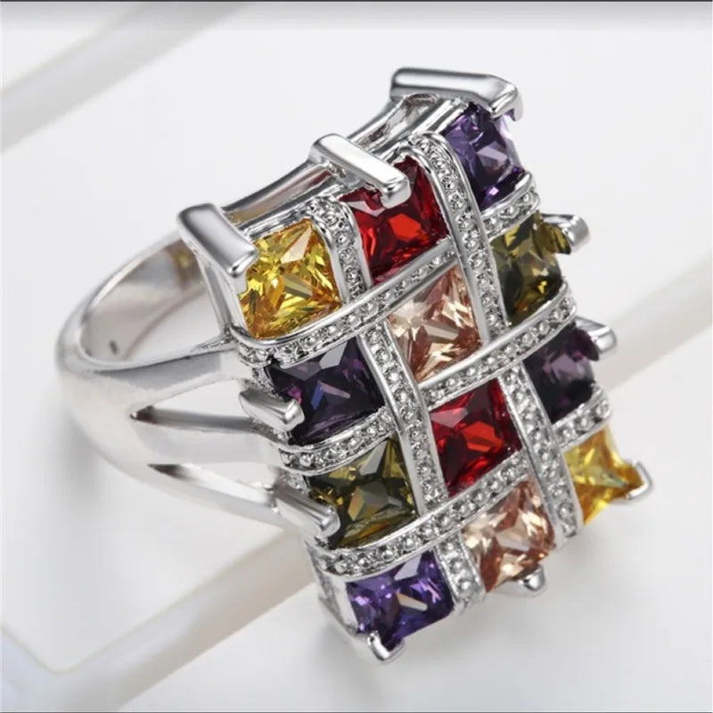 Milangirl Square Colour Crystal Big Rings For Women Jewelry  Ring Female Geometric Big Rings For Women Wedding Ring