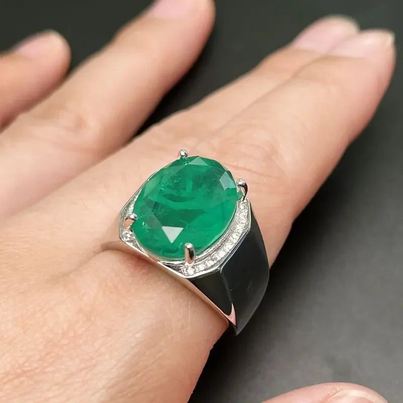 925 Silver Gemstone Men Ring 12mm*16mm Man Made Colombia Emerald color crystal Ring for Men 3 Layers Gold Plated Male Jewelry