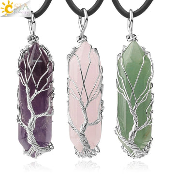 CSJA Crystals Necklace Stone Natural Crystal Pendant Hexagonal Silver Color Life Tree Wire Wrap Women Men Quartz Jewelry G551