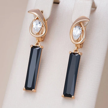 Kinel Hot Simple Long Square Black Natural Zircon Drop Earrings For Women 585 Rose Gold Color High Quality Daily Fine Jewelry