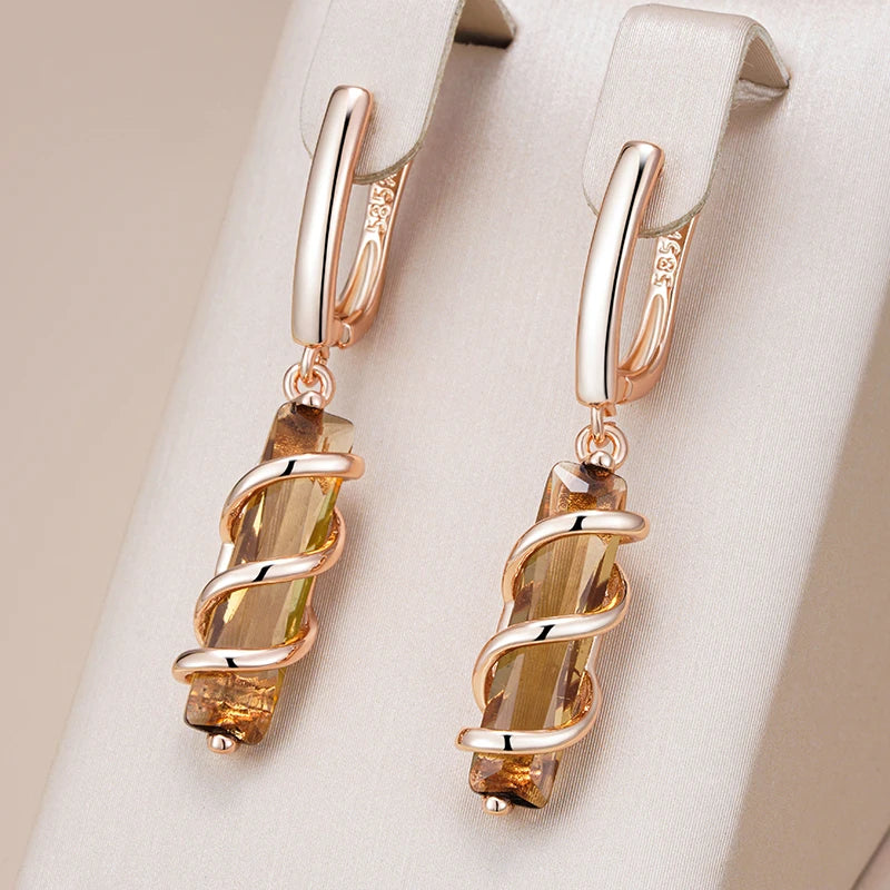 Kinel Fashion Light Brown Natural Zircon Drop Earrings for Women Unique Square 585 Rose Gold Color High Quality Daily Jewelry