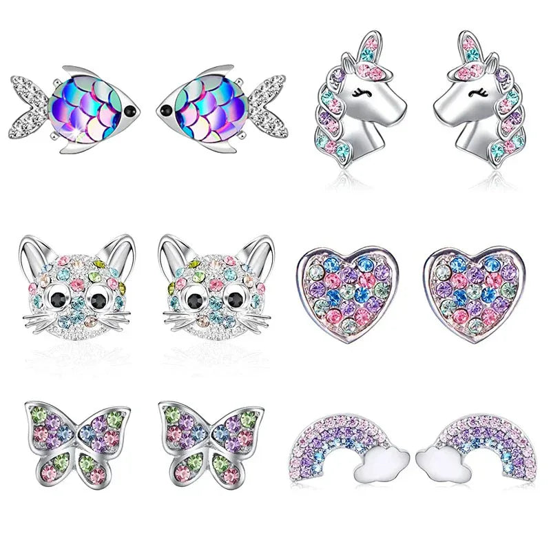 New Cute Unicorn Stud Earrings for Little Girl Kids Crystal Cat Butterfly Rainbow Heart Star Earring Christmas Gift Jewelry