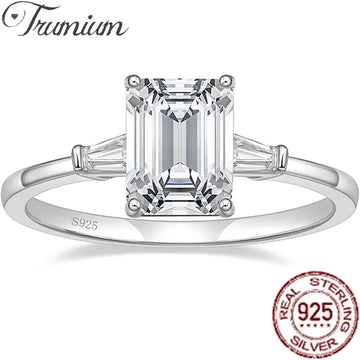 Trumium 3CT 925 Sterling Silver Engagement Rings 3-Stone Emerald Cut Cubic Zirconia Wedding Promise Rings for Women Gft Jewelry