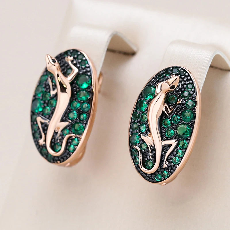 Kinel Hot Green Natural Zircon Lizard Drop Earrings For Women 585 Rose Gold and Black Plating Vintage Animal Daily Punk Jewelry