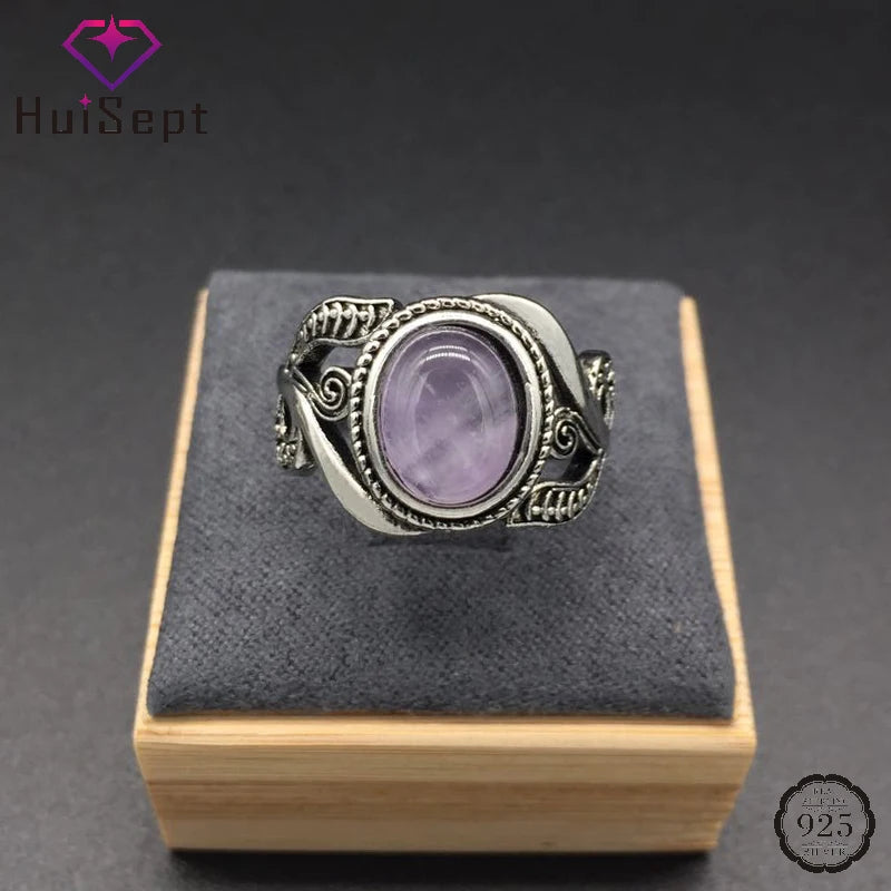 HuiSept Vintage 925 Silver Ring Amethyst Gemstone Flower Shaped Fashion Jewellery Rings for Female Wedding Party Gift Wholesale