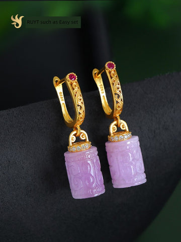 Natural Spodumene Purple Women's Gold Plated Fret Beads Antique Earrings