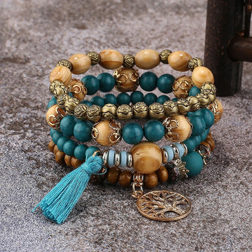 Boho Tree Of Life Bracelet Set For Women Fashion Tassels Charm Wooden Beads Elastic Chain Bangle Girl Trendy Party Jewelry