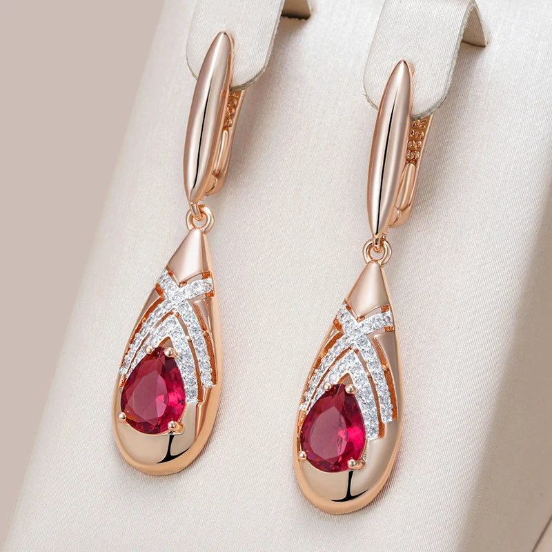 Kinel Unique Ethnic Bride Red Natural Zircon Drop Earrings for Women Fashion 585 Rose Gold Silver Color Mix Daily Jewelry Gift