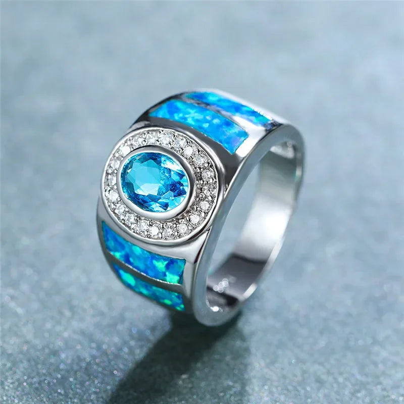 JLR536 Luxury Silver Plated Blue Crystal  Zircon Fire Opal Rings For Women Engagement Gift for Lovers' Jewelry