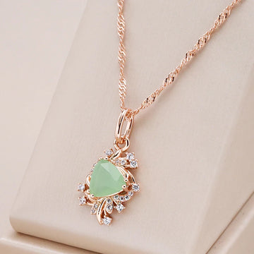 Kinel Trend Crystal Flower Pendant Necklace for Women 585 Rose Gold Color Green Natural Zircon Accessories Fine Daily Jewelry