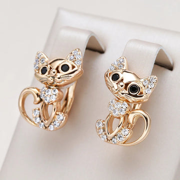 Kinel New 585 Rose Gold Cute Cat Earrings for Women Micro Wax Inlay Natural Zircon Earring Fashion Birthday Party Girl Jewelry