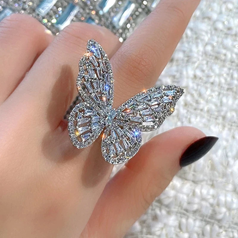 New Design Butterfly Adjustable Opening Ring Luxury Shiny Cocktail Party For Women Inlaid Zircon Butterfly Ring Fashion Jewelry